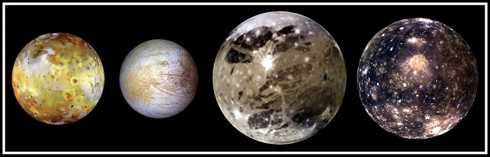 The four Galilean satellites of Jupiter shown to scale.