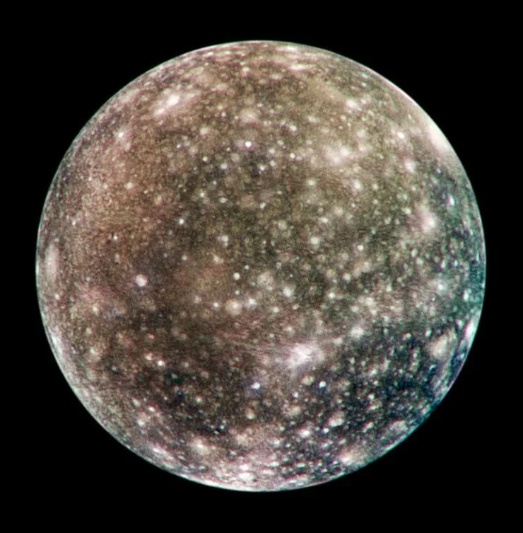 Global color view of Jupiter's heavily cratered moon Callisto, from Galileo.
