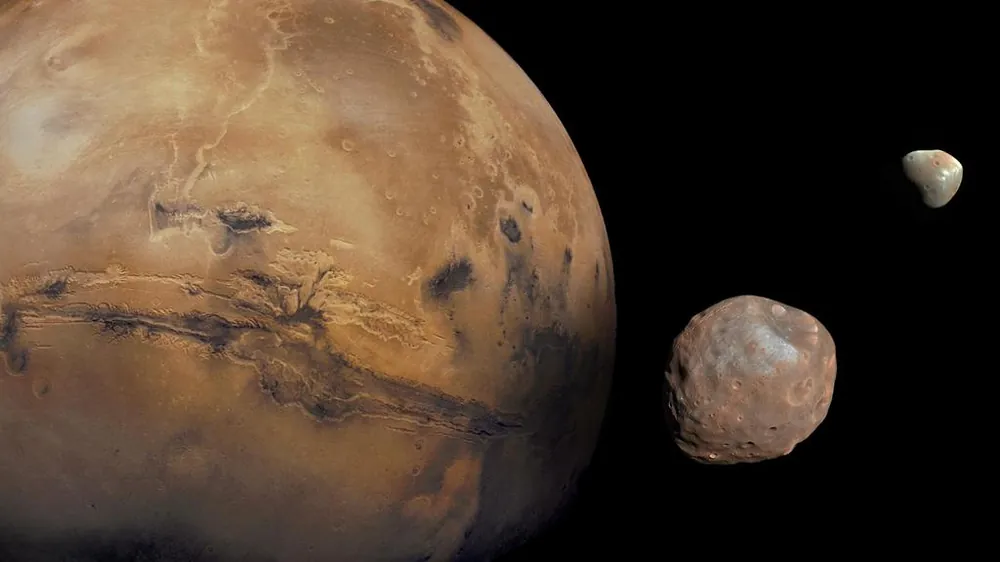 Mars' two moons, Phobos and Deimos, shown to scale.