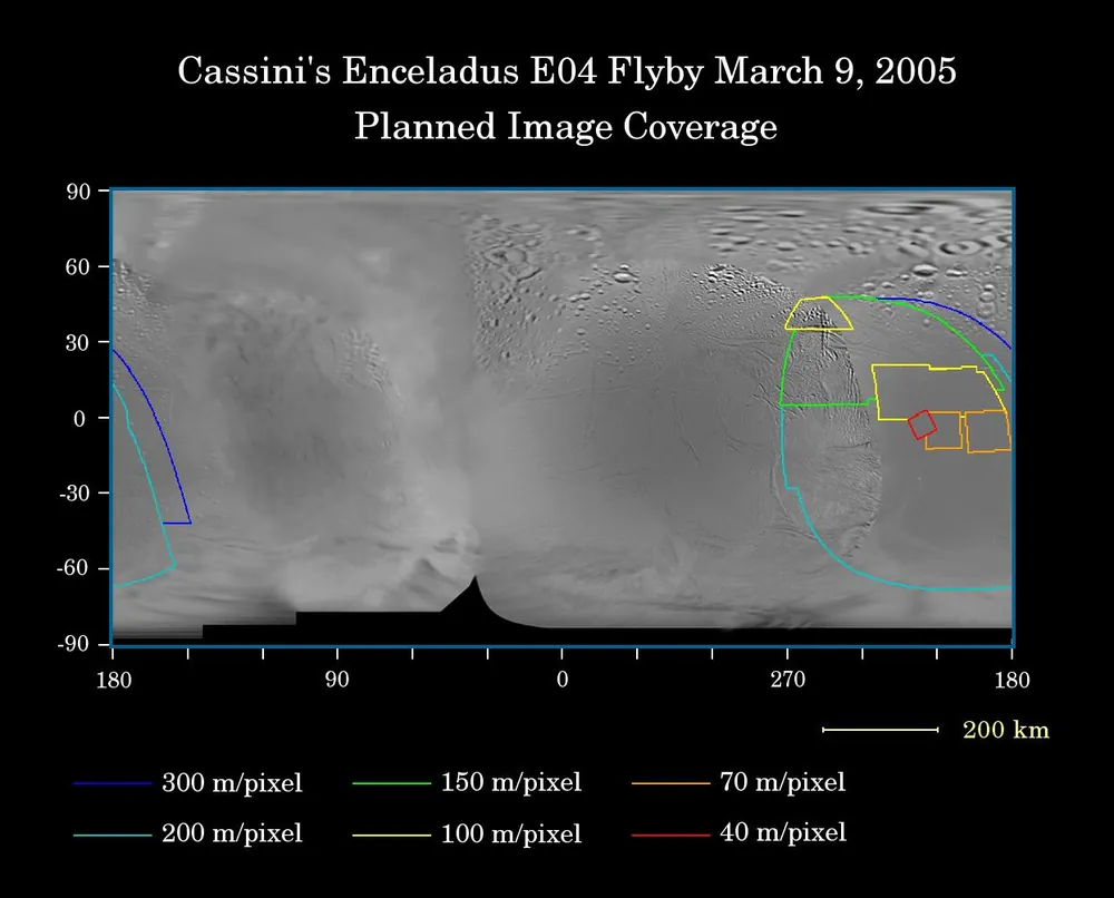 Cassini's close flyby revealing Enceladus' grooved icy terrain.