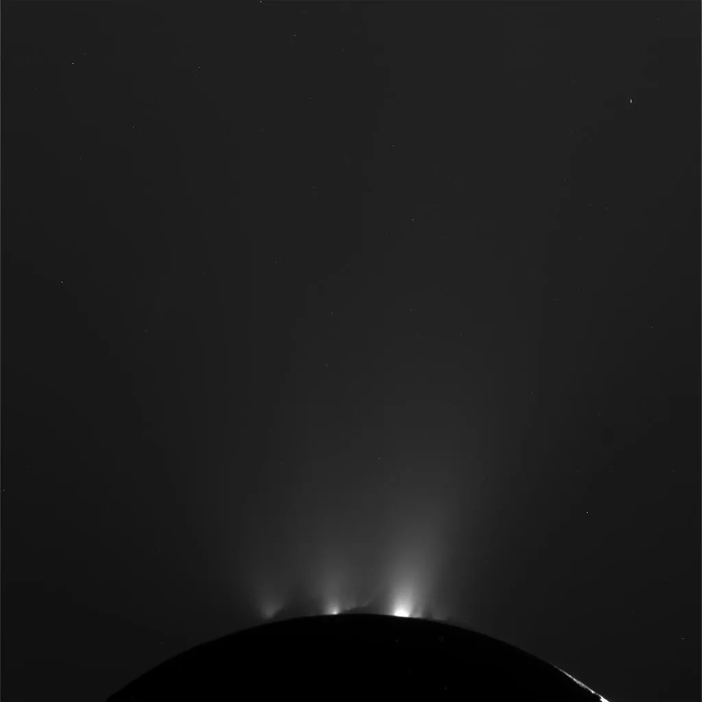 Saturn's icy geyser moon Enceladus, from Cassini.