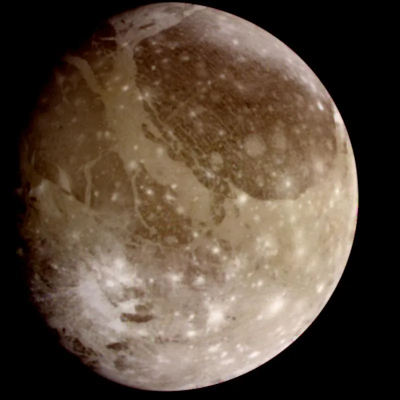 Natural-color global view of Ganymede, the largest moon in the solar system, from Galileo.