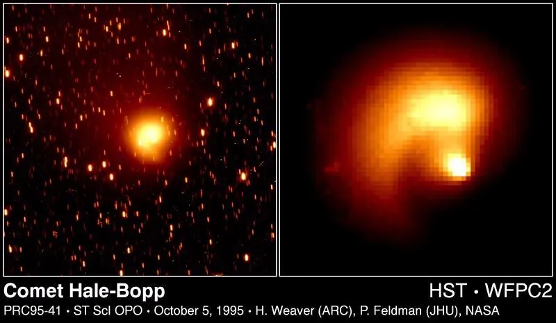 Hubble sees material ejected from the nucleus of comet Hale-Bopp.