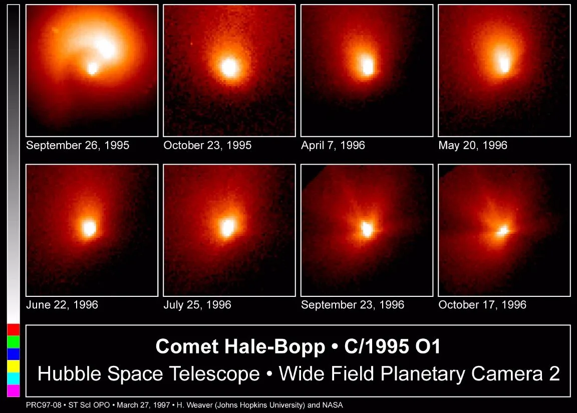 Comet Hale-Bopp's nucleus and dust jets, from the Hubble Space Telescope.