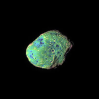 Multicolor view of Hyperion's porous surface.