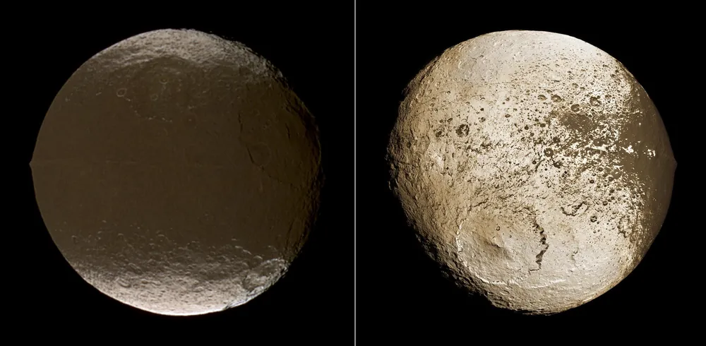 Global view of Iapetus' dramatic albedo dichotomy.