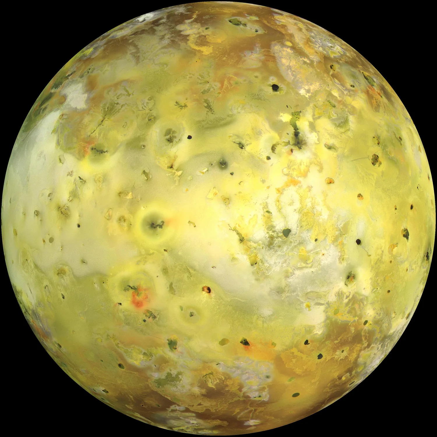 Global true-color view of Jupiter's volcanic moon Io, from Galileo.