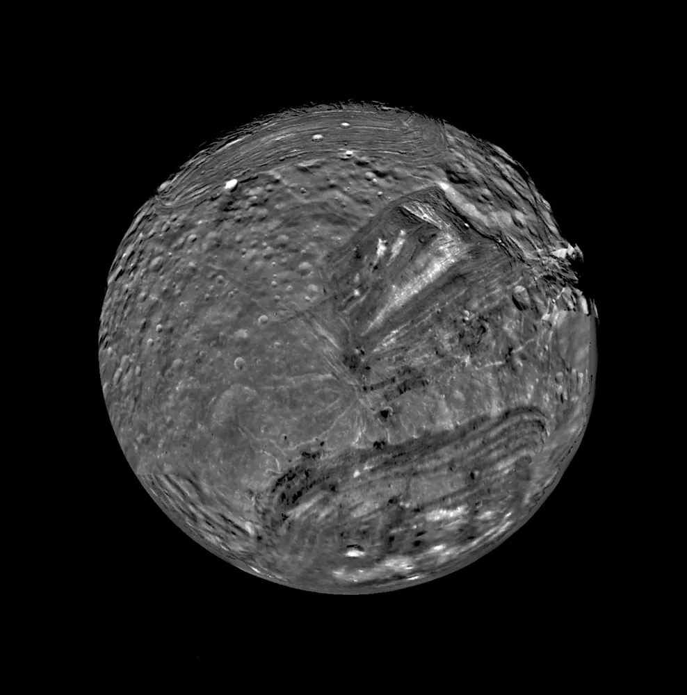 South polar view of Miranda from Voyager 2.