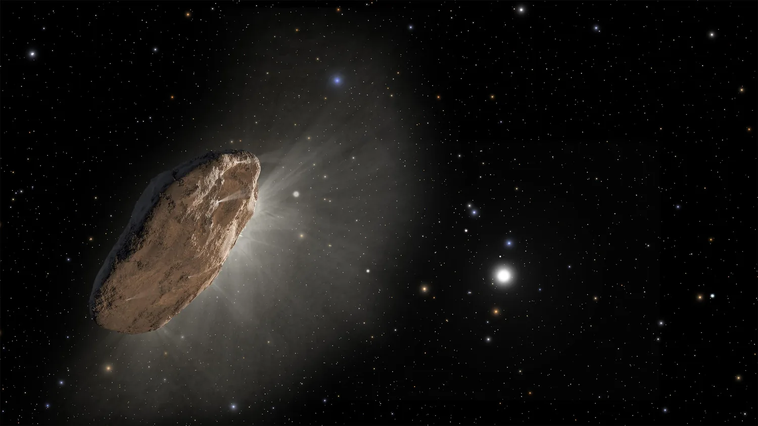 Artist's concept: the interstellar object 'Oumuamua leaving the solar system.