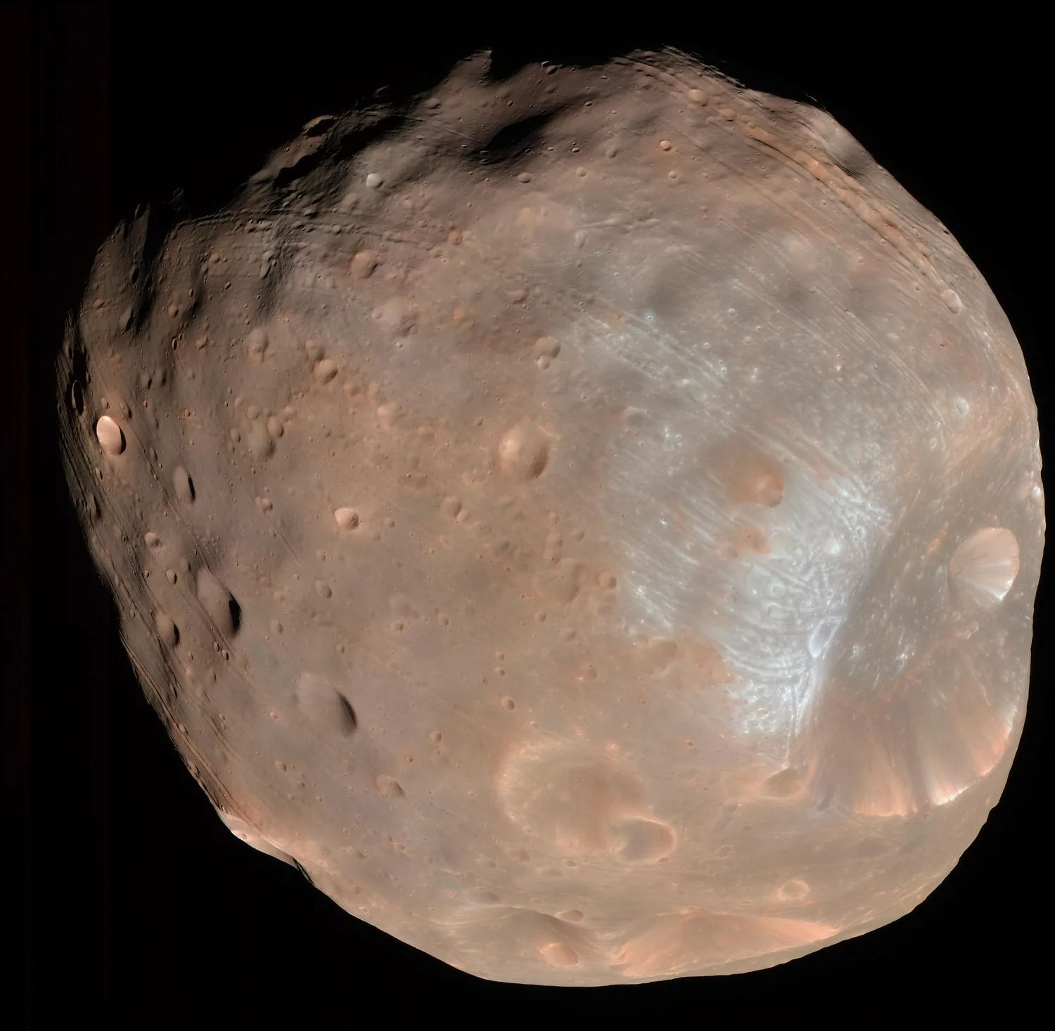 Mars' larger moon Phobos and its Stickney crater, from MRO's HiRISE camera.