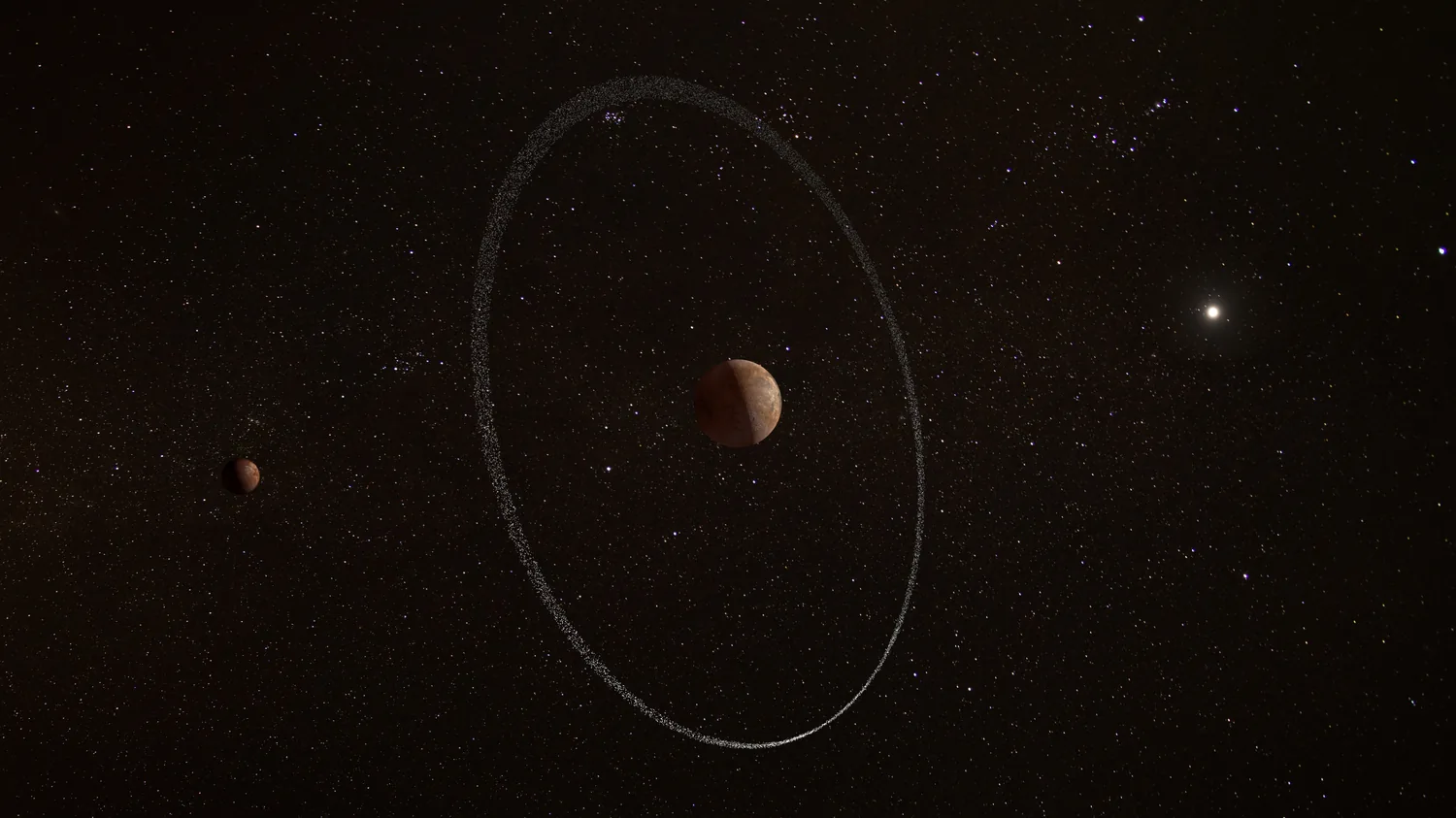 Artist's concept: dwarf planet Quaoar, its unexpected ring, and its moon Weywot.