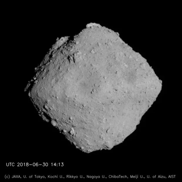 Asteroid 162173 Ryugu from about 20 km, imaged by Hayabusa2 on 30 June 2018.