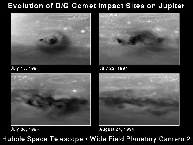 Hubble's view of the impact scars left on Jupiter by comet Shoemaker-Levy 9.