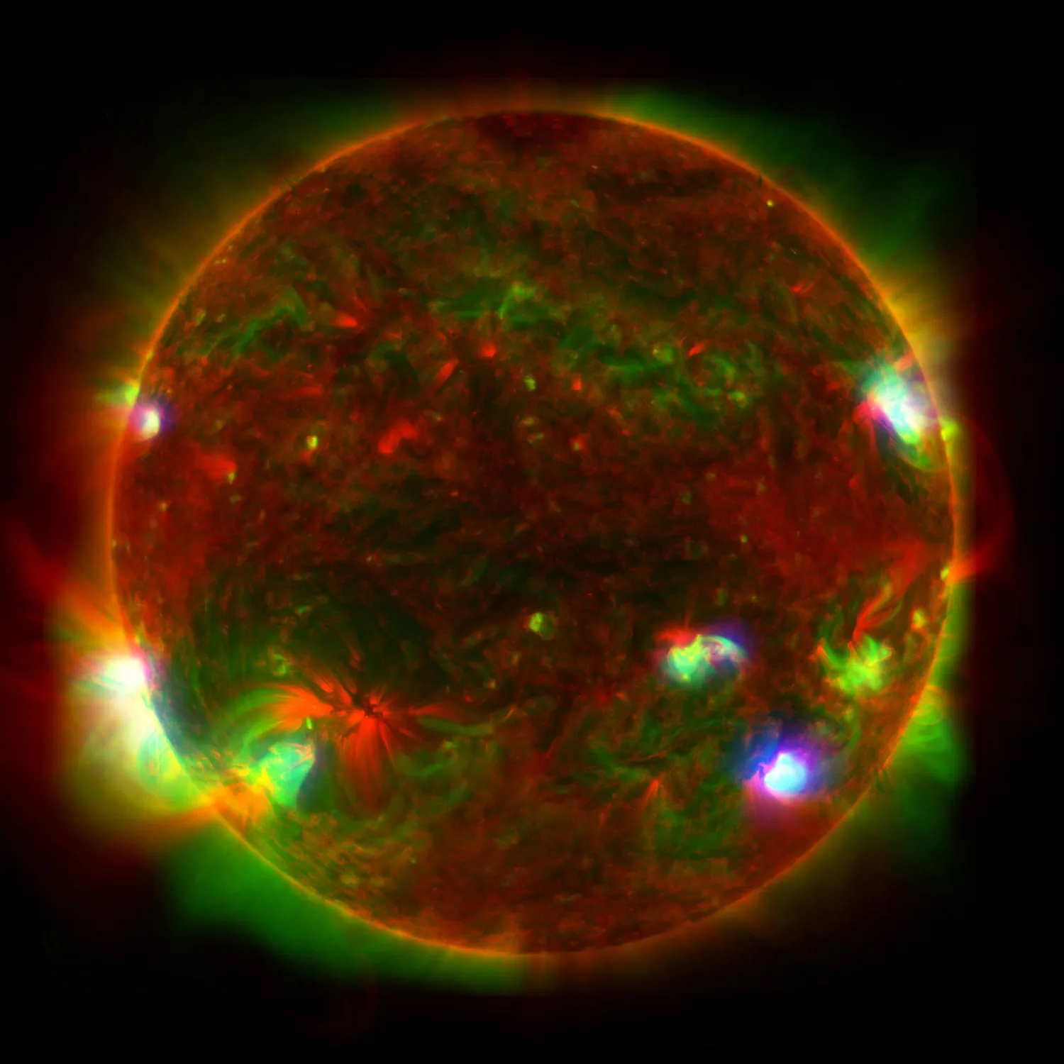Composite high-energy X-ray and ultraviolet view of the Sun.