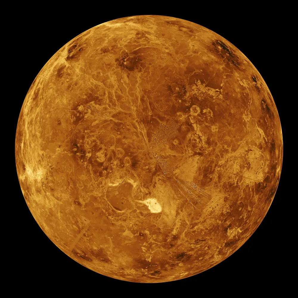Global view of Venus' surface from Magellan radar data.